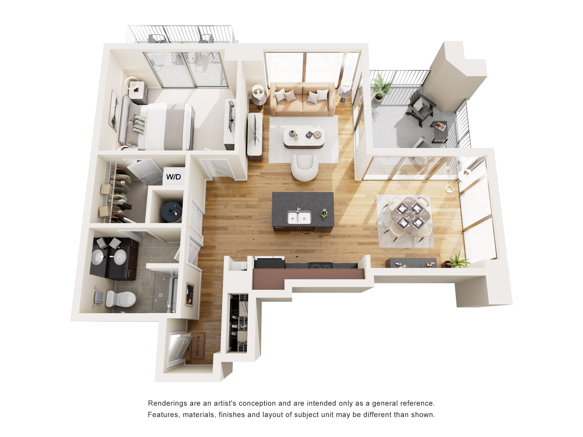 Floor plan for 1 bed, 1 bath, 858 sqft